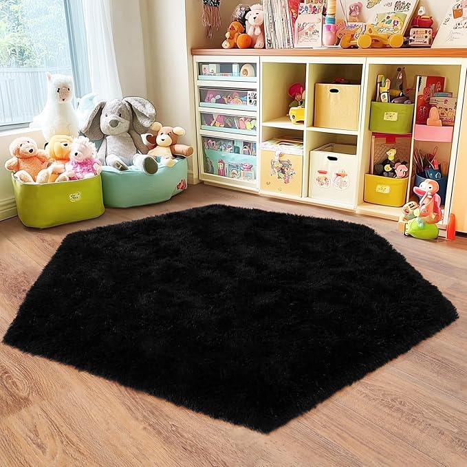 4x4.6 Feet Black Hexagon Rugs for Bedroom, Ultra Soft Fluffy Hexagon Area Rug for Kids Room, Cute Shag Rugs for Boys Girls Room, Fuzzy Plush Carpet for Tent Castle Home Decor