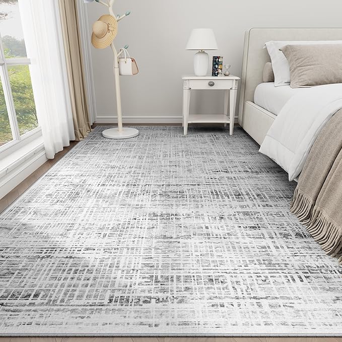 6x9 Area Rugs Washable Rug: Anti-Skid Abstract Modern Living Room Rug Soft Thin Carpets Indoor Floor Non-Shedding Carpet for Bedroom Dining Farmhouse Nursery Home Office (White Gray, 6'x9')