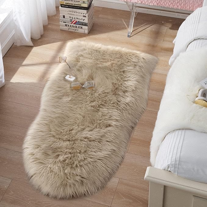 Small Faux Fur Sheepskin Rug 2x4 ft Ultra Soft Chair Sofa Cover Seat Pad, Beige Fluffy Shag Rugs for Bedroom Nursery Kids Room, Luxury Shaggy Rug Fuzzy Plush Floor Carpets