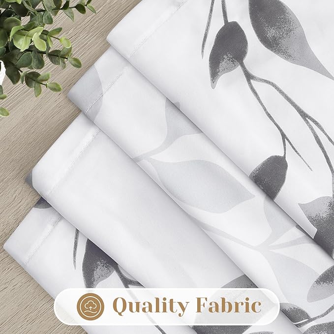 HOMEIDEAS Non-See-Through Light Grey and White Privacy Sheer Curtains 52 X 96 Inches Long 2 Panels, Leaf Floral Printed Light Filtering Semi Sheer Window Curtains Drapes for Bedroom Living Room