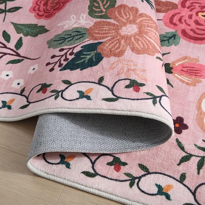 Rugcomf Long Hallway Runner Rug 2'7"x14' - Floral Washable Non Slip Boho Carpet for Kitchen, Entryway, Hall, Bathroom - Pink