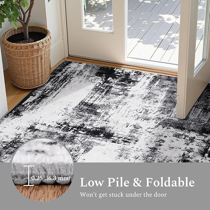 Rugflix 4x6 Area Rugs for Living Room, Washable Large Rug Stain-Resistant Low Pile, Modern Dark Carpet for Dining Room Home Office Kid Room Nursery Bedroom, Black Grey