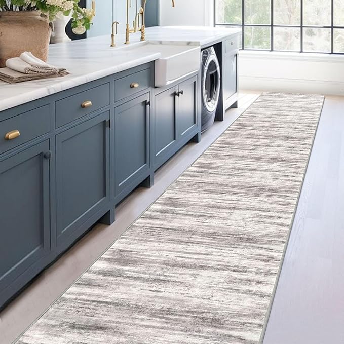 KOZYFLY Modern Abstract Washable Rug Runner 2.6x16 Hallway Rug Runner Non-Slip Soft Kitchen Runner Rugs, Grey/Light Beige/Brown Striped Carpet for Stair Entryway Bathroom