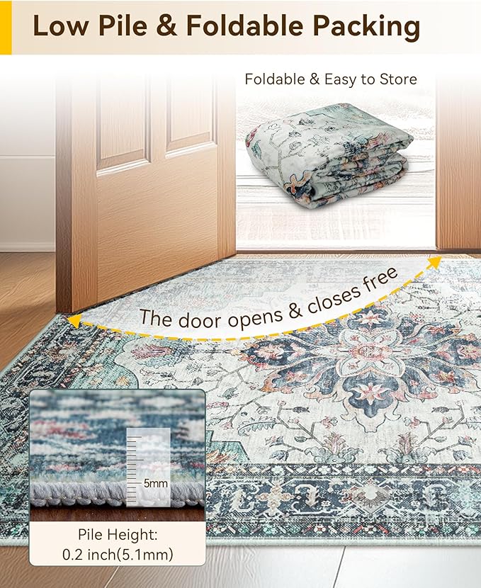 RELEANY Area Rugs 7'x9' Washable Non-Slip, Floral Vintage Distress Print Pattern Medallion Carpet for Living Room Bedroom Dining Room, Green Navy Blue White Red Teal Colorful