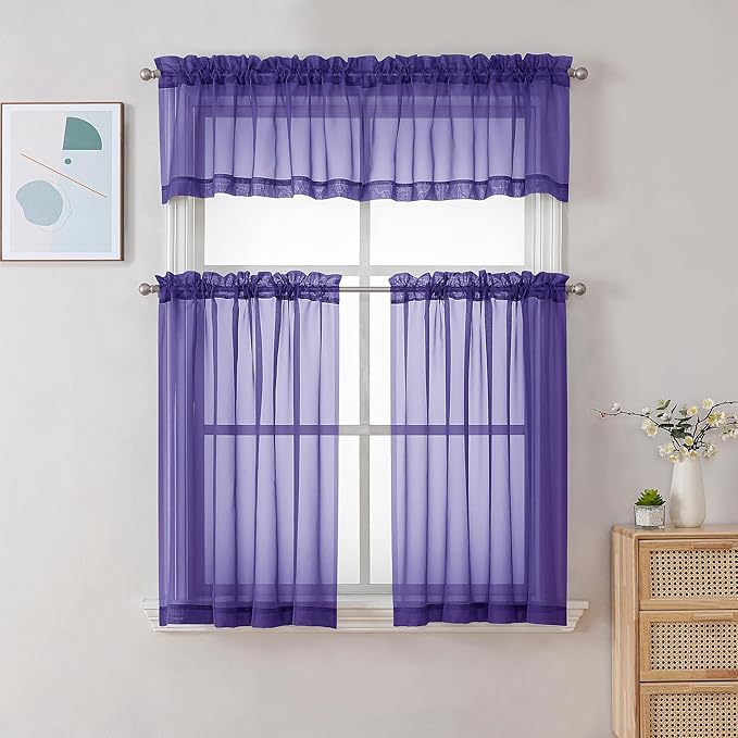 Chyhomenyc Purple Sheer Valances for Windows - Light Filtering Small Kitchen Curtains, Rod Pocket Short Top Window Treatment Decor for Living Room Bathroom Basement, 42Wx16L inches, 2 Panels