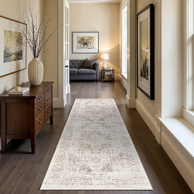 2x6 Washable Hallway Runner Rug - Non Slip Kitchen Runner Rugs with Rubber Backing Vintage Low-Pile Carpet Runners for Entryway Dining Room Laundry Room Home Decor (Cream/Camel)