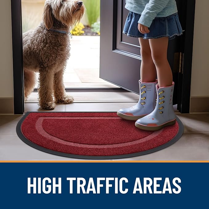 OLANLY Half Circle Door Mat Indoor Outdoor Entrance Welcome, Waterproof All-Season, All-Weather Doormat, Sturdy Natural Rubber, Low Profile, Easy Clean Patio Porch Entryway Mat, 33x21, Win Red