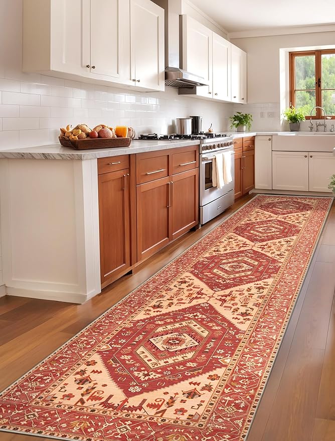 SERISSA Runner Rug for Hallways, 2'6"x12' Washable Non Slip Kitchen Runner Rug, Extra Long Boho Rug Ultra Soft Vintage Red Print Floor Carpet for Bedroom Hallway Entryway Bathroom Laundry Room