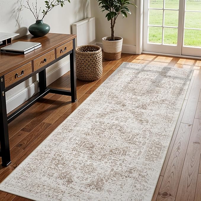 3x8 Washable Hallway Runner Rug - Non Slip Kitchen Runner Rugs with Rubber Backing Vintage Low-Pile Carpet Runners for Entryway Dining Room Laundry Room Home Decor (Cream/Camel)