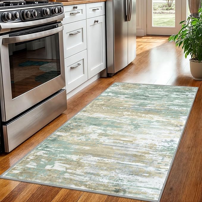 KOZYFLY Modern Abstract 3x5 Area Rug Washable Bedroom Rug Light Green Yellow, Throw Entry Mat Non-Slip Stain Resistant Carpet Dining Room Rug with Soft Low Pile for Living Room Kitchen Bath Office