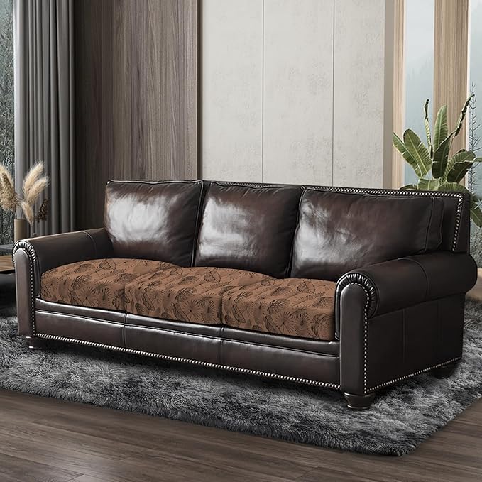 Leather Look Couch Cushion Covers Sofa Seat Slipcovers Sets Couches Furniture Protector for Sectional Armchair Loveseat Pets Kids Stretch Spandex Fabric (3 Cushion Sofa, Brown Leaf)