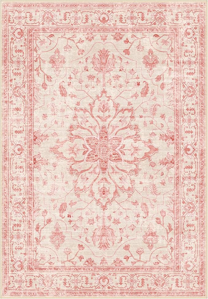 RELEANY Area Rugs 4'x6' Washable Non-Slip, Floral Vintage Distress Print Pattern Medallion Carpet for Living Room Bedroom Dining Room, Pink Light Vintage Pink