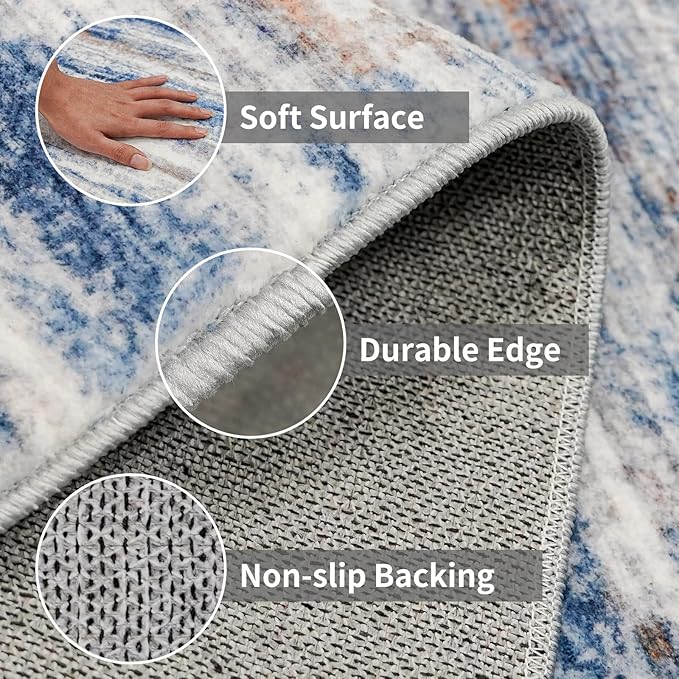 4x6 Rugs for Living Room: Non-Slip Washable Area Rug for Hallway Entryway Kitchen Bedroom - Easy-to-Clean Stain and Water Resistant Carpet - Soft Low-Pile Throw Mat Navy Grey