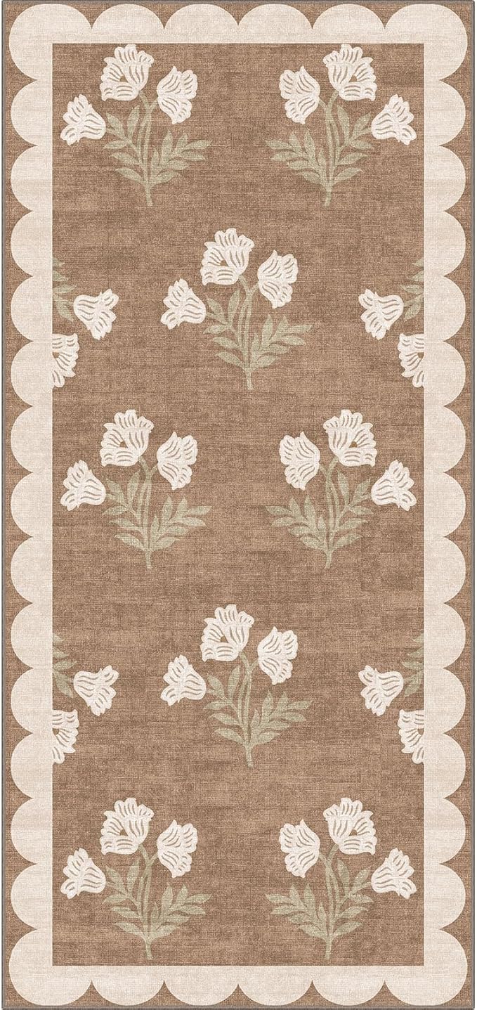 Front Door Mat Indoor Entrance - 2x4.3 Ft Floral Washable Layered Doormat Outdoor Entrance Porch Rug Non-Slip Tan Boho Farmhouse Runner Rug for Kitchen Hallway Bedroom Laundry Room Porch Decor