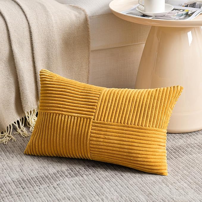 Fancy Homi 2 Packs Gold Yellow Lumbar Decorative Throw Pillow Covers 16x24 Inch for Couch Bed Sofa, Rustic Farmhouse Boho Spring Home Decor, Soft Striped Corduroy Rectangle Accent Cushion Case 40x60cm