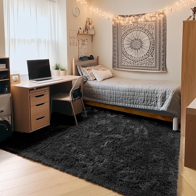 ONASAR Black Area Rugs for Bedroom Living Room, Fluffy Fuzzy Shaggy 4x6 Bedside Rug, Soft Plush Modern Indoor Floor Carpet for Nursery Kids Girls Boys Teen Dorm Home Office Decor Aesthetic