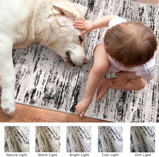 Lansny Modern Abstract Runner Rug 2x6, White Black Grey Taupe Washable Kitchen Runner Non-Slip Soft Hallway Rug Runner Thin Print Faux Wool Carpet for Entryway Bedroom Laundry Room Indoor Home Decor