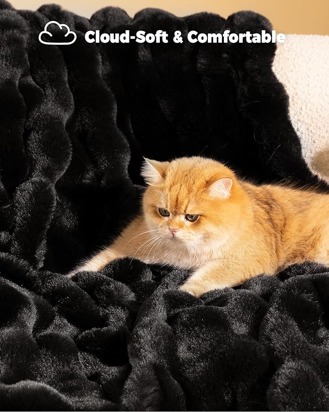 Ultra Soft Cozy Faux Fur Throw Blanket, Fuzzy Plush Thick Bubble Blanket, Luxury Fluffy Blanket for Couch, Sofa, Bedroom, and Living Room, 50x60 Inches, Black
