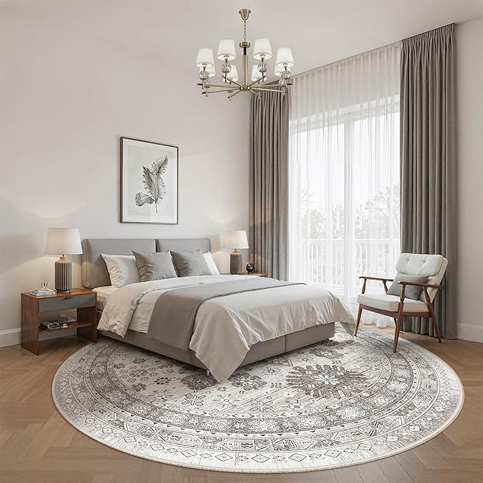 zesthome 9ft Round Rugs for Living Room, Non-Slip Washable Round Area Rugs, Ultra-Thin Large Circle Rugs, Soft Low Pile Rug for Bedroom, Kitchen - Vintage Stain Resistant Round Rug (Brown/Beige,9'x9')