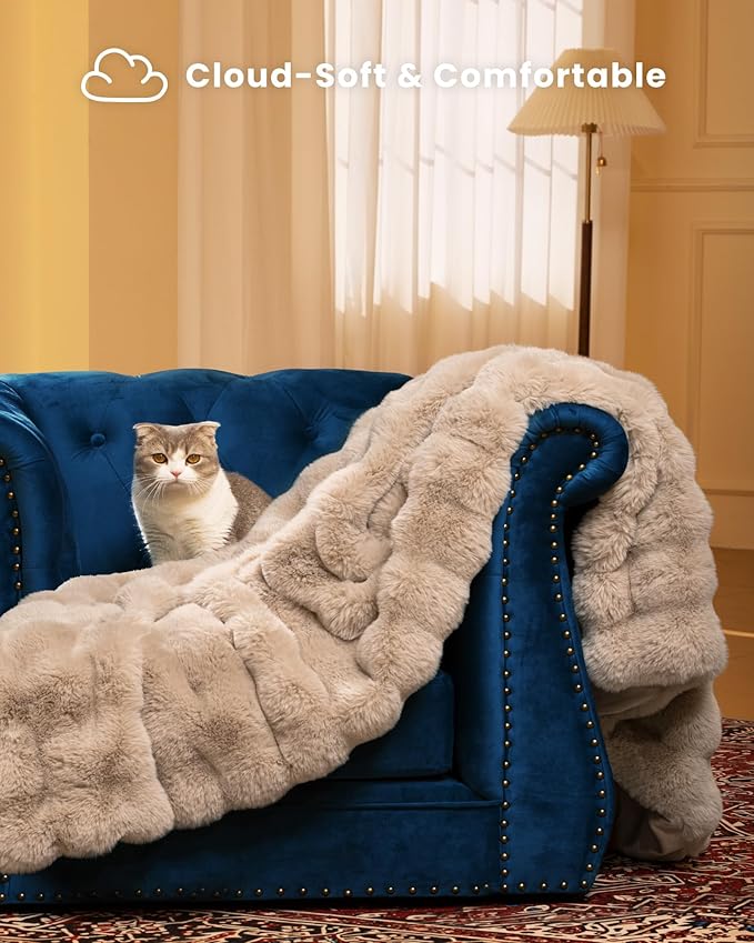 Ultra Soft Cozy Faux Fur Throw Blanket, Fuzzy Plush Thick Bubble Blanket, Oversize Luxury Fluffy Blanket for Couch, Bed, and Living Room, 60x80 Inches, Light Brown