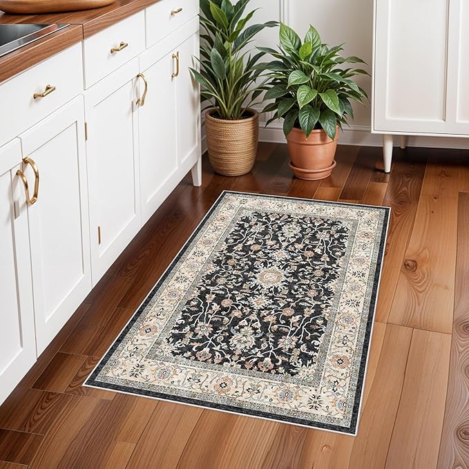 2x3 Washable Hallway Runner Rug - Non-Slip Stain Resistant Runner Rug Durable Kitchen Rugs and Mats Non Skid Waterproof Indoor Carpet Ultra Soft Runner for Living Room Bedroom Bathroom (Black, 2X3)