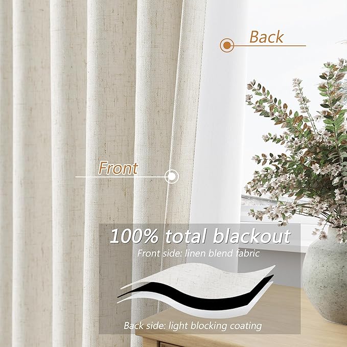 Cream 100% Blackout Linen Curtains 100 Inch Length 2 Panels Set for Living Room Bedroom Back Tab Thermal Insulated Black Out Drapes Room Darkening Farmhouse Style for Bedroom Window Curtains 52x100