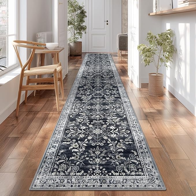 Yamaziot Washable Runner Rug 2x12 – Non Slip Boho Floral Hallway Runner Rug with Rubber Backing, Low Pile Faux Wool Distressed Carpet for Kitchen, Laundry, Bedroom, Entrance, Navy/Black