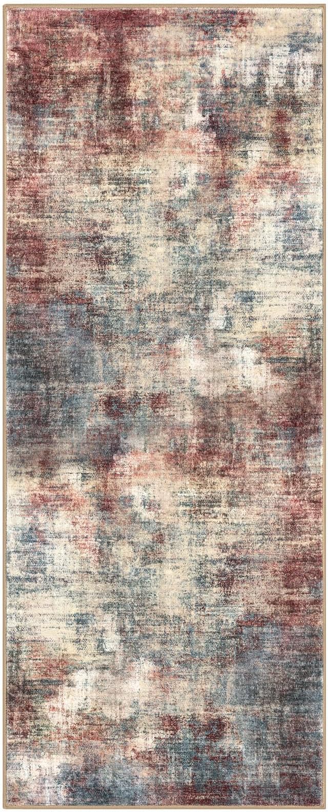 IOHOUZE Abstract Runner Rug 2x5 Ft Washable Runners for Hallways, Non Slip Kitchen Runner Printed Faux Wool Entryway Runner Indoor, Modern Abstract Floor Carpet for Hall Kitchen Bedroom, Red/Multi