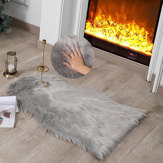 linmopm Faux Fur Rug Sheepskin Shag Fluffy Fuzzy Grey 2x3 ft Small Rugs for Bedroom Bedside Bed Floor Living Room Plush High-Density Cushion Carpet Super Sofa Cover