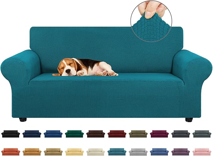 KEKUOU Stretch Loveseat Sofa Cover Slipcover,Couch Covers for 2 Cushion Couch Sofa (55"-78") Furniture Protector Sofa with Elastic Bottom for Kids,Dog. Jacquard Small Checked (Medium,Peacock Blue)