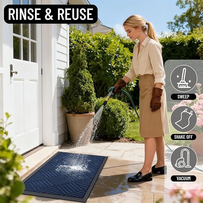 OLANLY Front Door Mat Outside Entrance 33x21, Absorbent, Heavy Duty Sturdy Natural Rubber Doormat Indoor Outdoor, Stain Fade Resistant, Non-Slip Low Profile Floor Mat for Entryway, Navy Blue Diamond