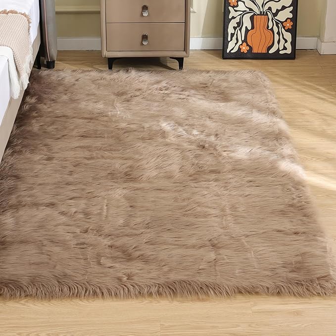 ORINOVA Faux Sheepskin Beige 3x5 Fluffy Fur Washable Area Rugs for Bedroom Shaggy Carpet for Living Room Nursery Rug Cute Home Décor