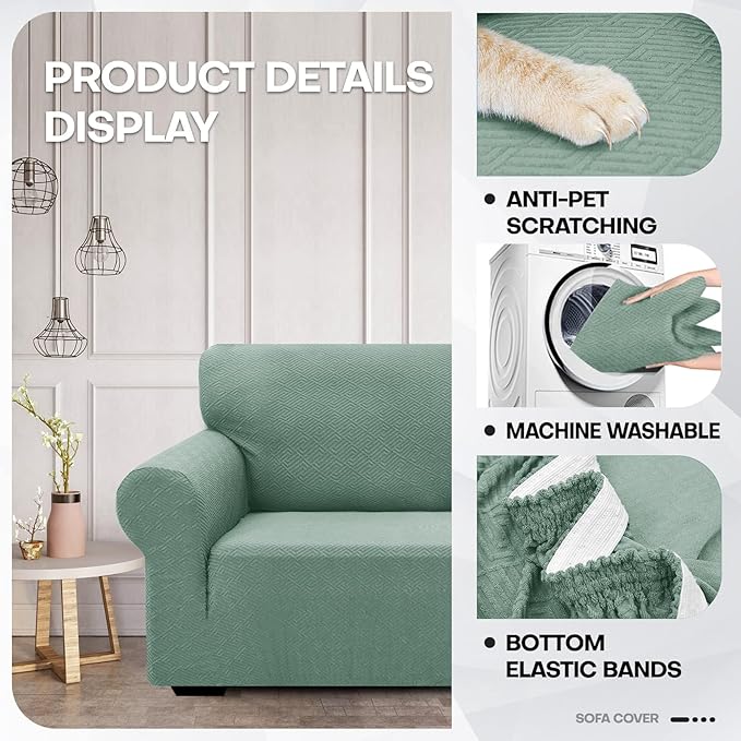 ZNSAYOTX 1 Piece Jacquard Couch Covers for 3 Cushion Couch High Stretch Sofa Cover for Pets Dogs Anti Slip Extra Large Sofa Slipcovers Furniture Protector (X-Large,New Pattern Pea Green)