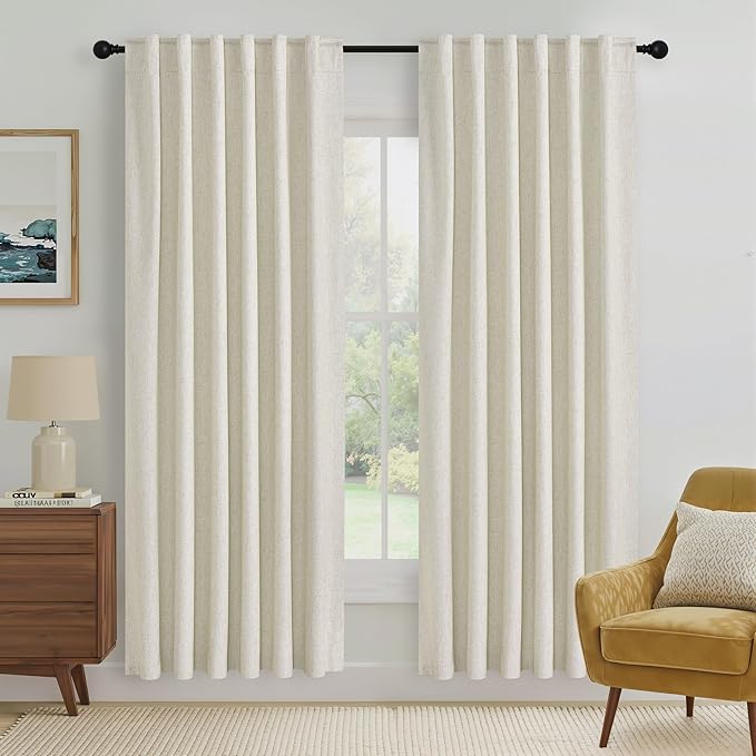 RYB HOME Natural Linen 100% Blackout Curtains for Bedroom 72 Long 52 Width, Linen Blackout Curtains Privacy Protection& Thermal Insulated for Sliding Door/Living Room, 2 Panels