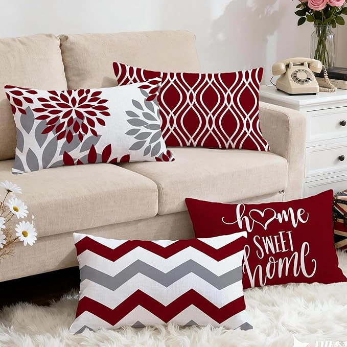 Hexagram Geometric Burgundy Pillow Covers 12x20 Set of 4, Decorative Outdoor Boho Modern Throw Pillow Covers, Home Sweet Home Farmhouse Cushion Case for Couch Sofa Bedroom Indoor Decor(No Insert)