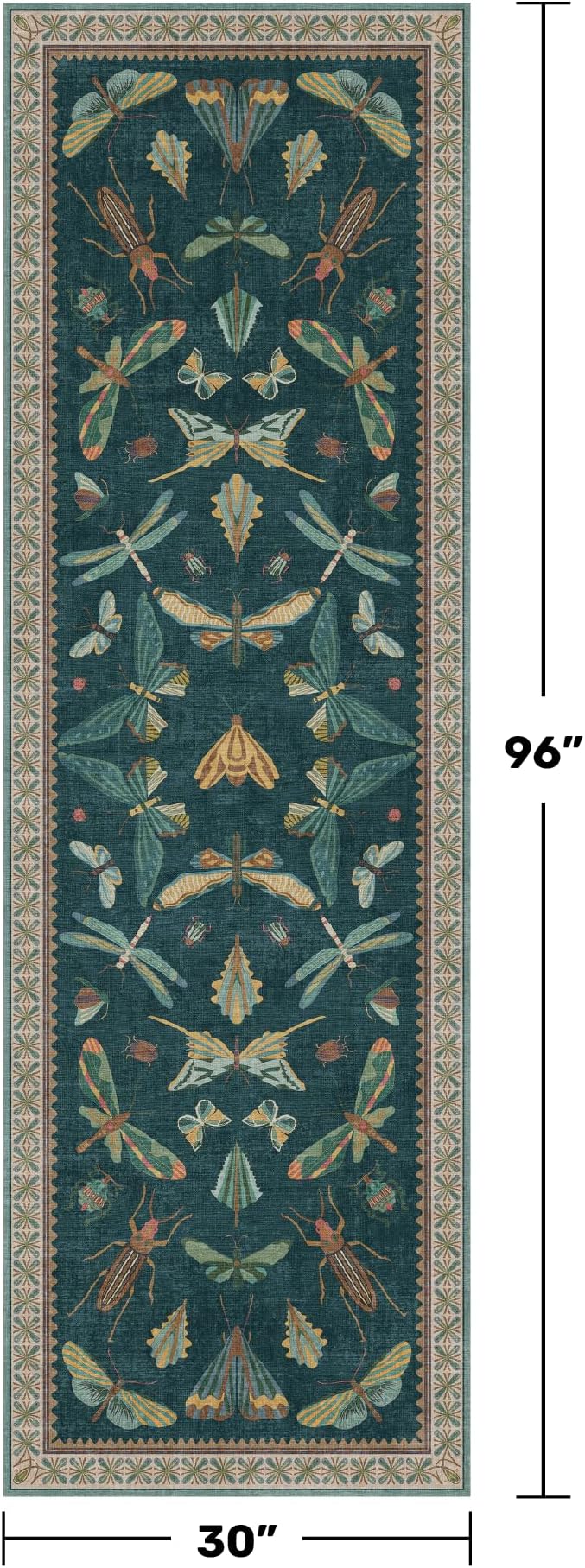 Hazo Haus Wide Runner Rug for Hallway 2'6"x8' - Green Runner Rug for Kitchen, Hall Way, Washable Foldable Boho Insect Deor