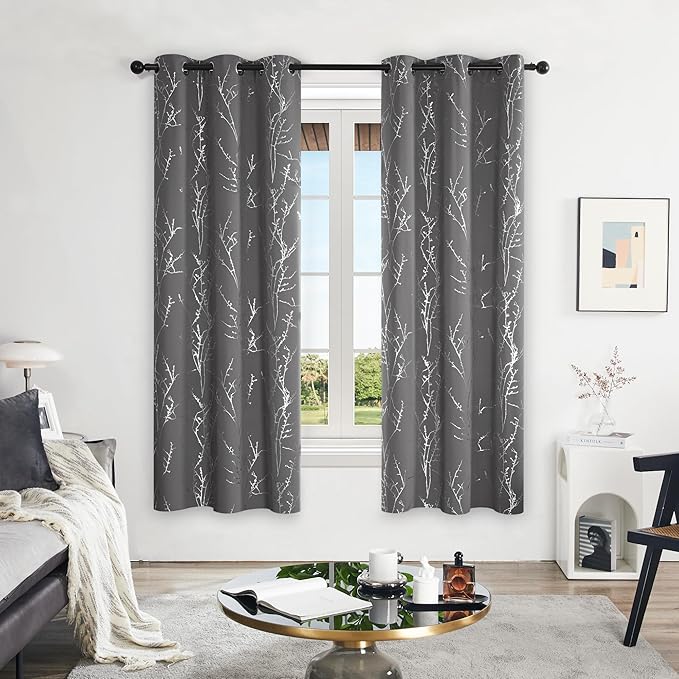 Deconovo Grey Blackout Curtains for Bedroom, Thermal Insulated Soundproof Drapes, Silver Branch Foil Print, 42 x 72 Inches Long, 2 Panels, Machine‑Washable Grommet Window Panel for Living Room Office