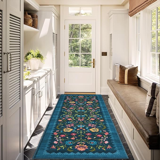 GarveeHome Floral Rug 2.5x10 Runners for Hallways, Boho Kitchen Runner Rugs Non Slip Bath Runners, Vintage Washable Runner Rug for Bedroom, Soft Long Rugs for Entryway Bathroom Laundry Dorm, Blue