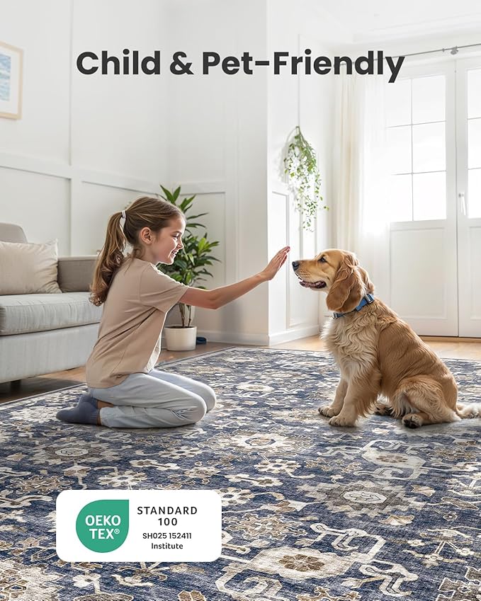 AMADA HOMEFURNISHING 2'6"x10' Washable Area Rug, Low-Profile Entryway Rug with Non-Slip Backing & Durable Edge Binding, Vintage Rug Pattern, Small Rugs for Entryway, Kitchen & Living Room