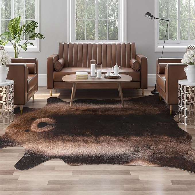 AROGAN Premium Bear Print Rug 6.2x7 Feet, Machine Washable Faux Fur Rug, Non-Slip Animal Print Hide Bear Skin Area Rug for Bedroom Living Room Home Decor