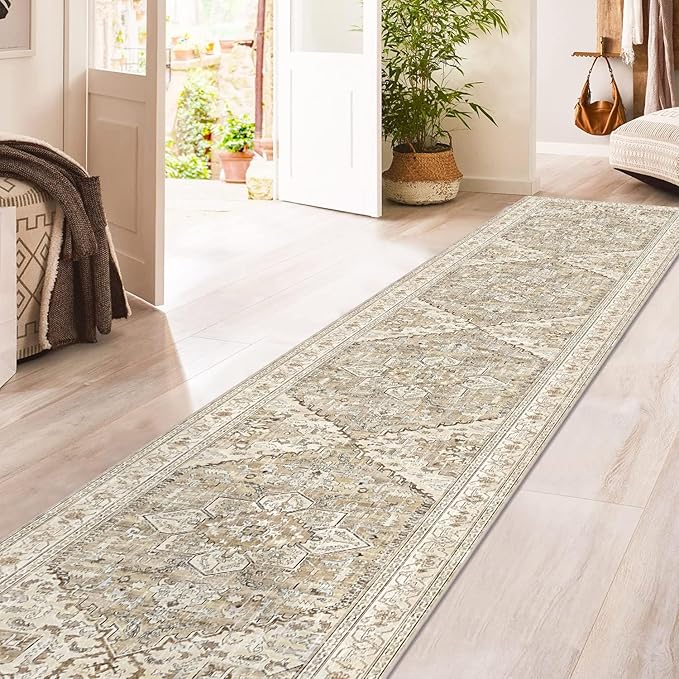 Yamaziot Washable Runner Rug, 2x12 Non-Slip Boho Vintage Hallway Rug Runner with Rubber Backing, Stain Resistant Low Pile Distressed Carpet Runner for Bedroom, Kitchen, Laundry, Entrance