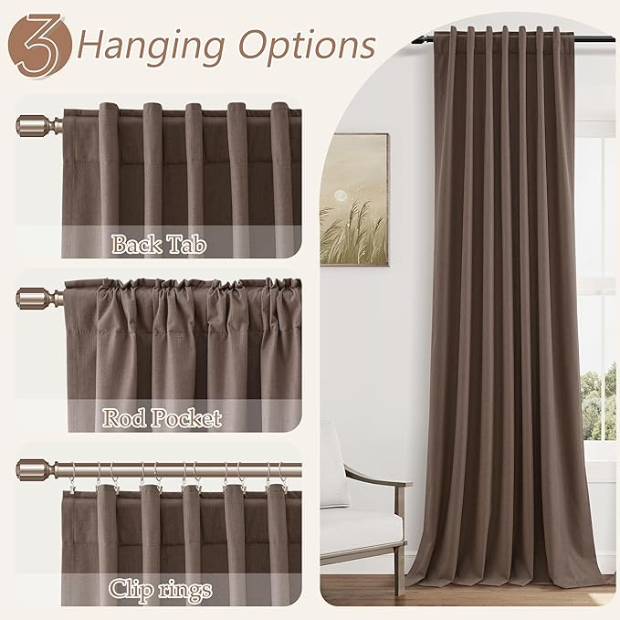 Guken Mocha Mousse 100% Blackout Linen Curtains 96 Inch Length 2 Panels Set for Living Room Bedroom Back Tab/Rod Pocket Thermal Insulated Farmhouse Black Out Drapes Room Darkening,52x96