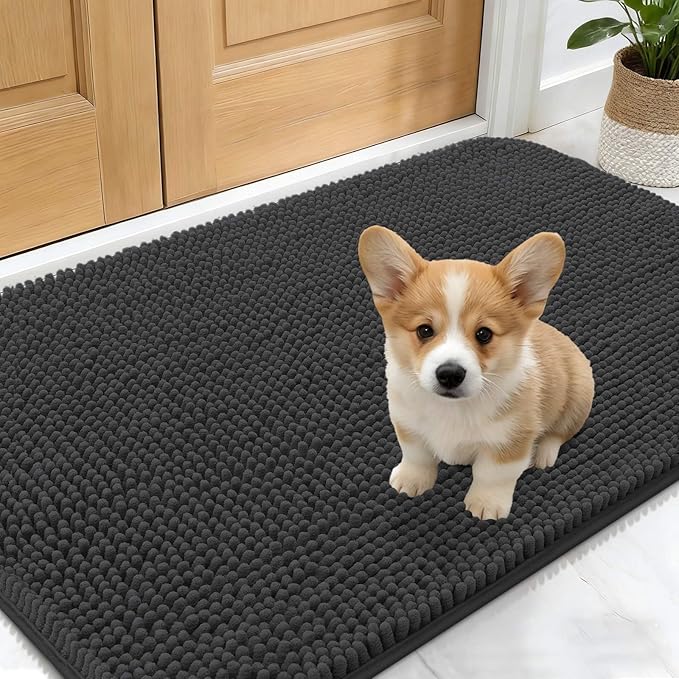 OLANLY Dog Door Mat for Muddy Paws 24x16, Absorbs Moisture and Dirt, Absorbent Non-Slip Washable Doormat, Quick Dry Chenille Mud Mat for Dogs, Entry Indoor Entryway Carpet for Inside Floor, Dark Grey