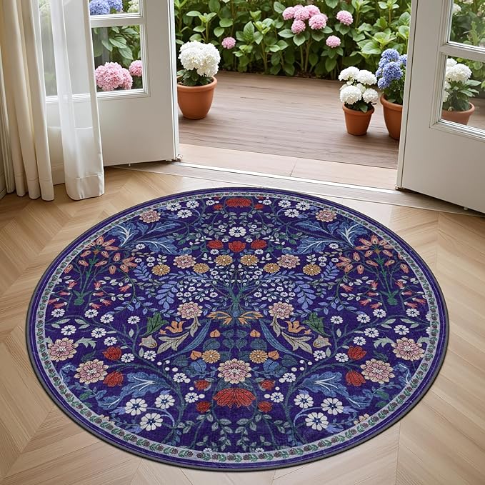 Round Area Rug for Living Room: 4 ft Floral Washable Circle Rug Soft Boho Non-Slip Carpet Indoor Stain Resistant Low Pile Small Circular Rug for Bedroom Entryway Kitchen Nursery Home Office Blue