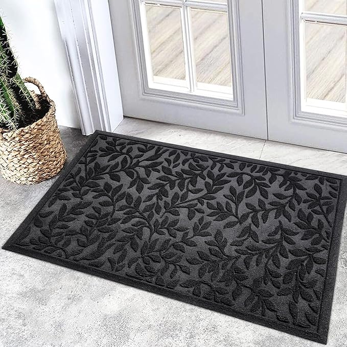 Bulijojo Sturdy Front Entrance Doormats,Durable Heavy Duty Welcome Mat,Thick Absorbent Natural Rubber Non Slip Mat,Easy Clean Entryway Mat Leaves Black 23"x35"