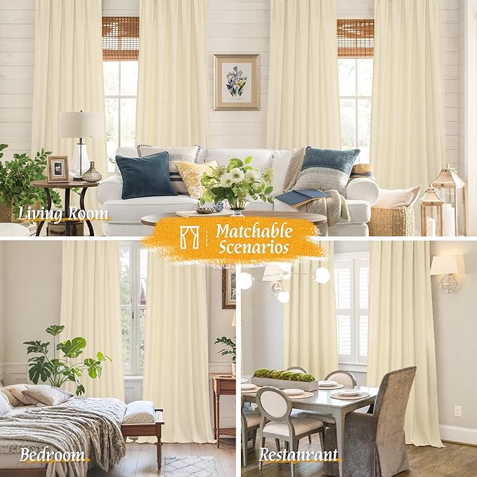 LAMIT Beige Linen Window Curtains 72 Inch Length 2 Panels, Thick Linen Textured Light Filtering Rod Pocket Burlap Boho Neutral Privacy Drapes for Bedroom/Living Room, Beige, 52 x 72 Inch