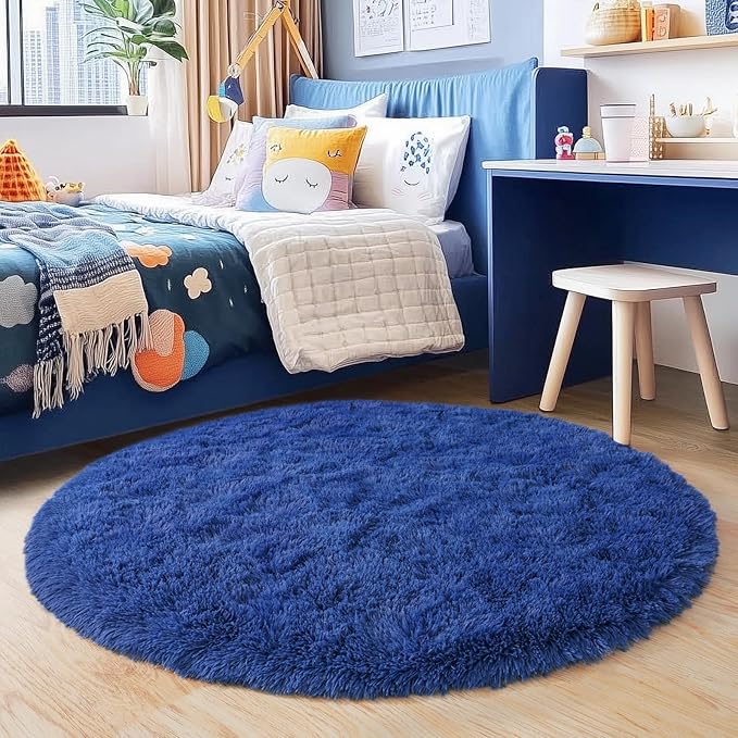 3'x3' Blue Round Rug for Bedroom, Ultra Soft Fluffy Circle Rug for Kids Girls Boys Room, Cute Small Shag Rugs for Living Room Playroom Teen Room Home Decor Rug