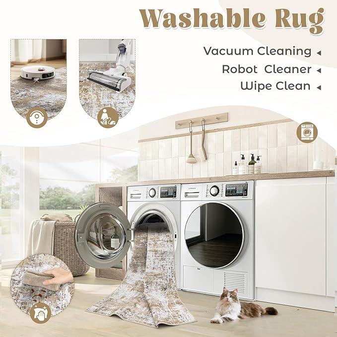 XLUEZ 5x7 Area Rugs for Living Room, Washable Modern Abstract Large Area Rug Neutral Soft Non Slip Kids Rug Stain Resistant Indoor Carpet for Bedroom Nursery Dining Room Playroom(Beige, 5'x7')
