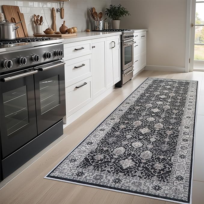 Hallway Washable Runner Rug - 3x6 Kitchen Rugs Entryway Rug Runner Vintage Soft Floor Mat Non Slip Indoor Farmhouse Carpet for Bathroom Living Room Bedroom (3 X 6, Black)