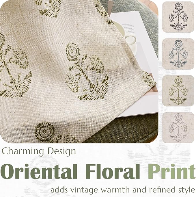 jinchan Linen Floral Curtains for Living Room 63 Inch Length Green Flower Cottage Core Farmhouse Curtains Rod Pocket Back Tab Boho Semi Sheer Window Drapes Bedroom Set 2 Panels Green on Beige